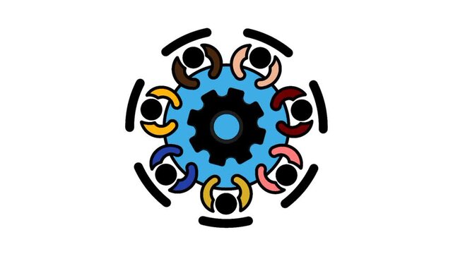 Employee engagement icon featuring people around meeting table and gear in colorful flat style. Visual representation of teamwork, collaboration, and workplace participation.