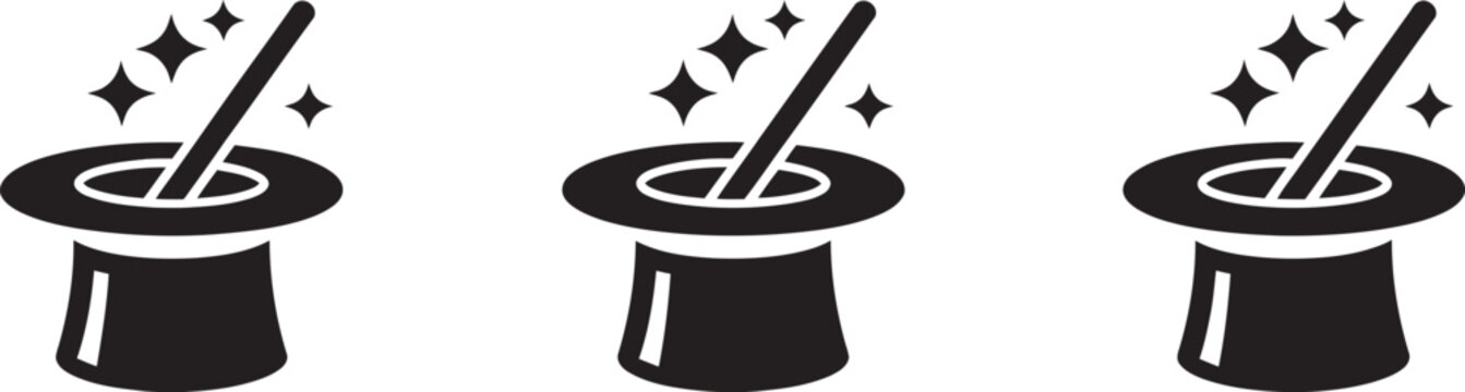 Magic hat icon set with stars, circus, abracadabra and magical trick symbols in flat and outline vector style, illusion graphics, fantasy design elements, and modern icon collection.