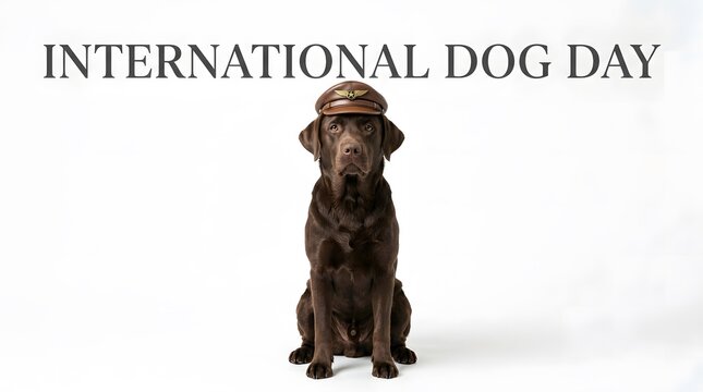 Chocolate labrador retriever dog wearing brown leather pilot hat sitting on white background isolated.