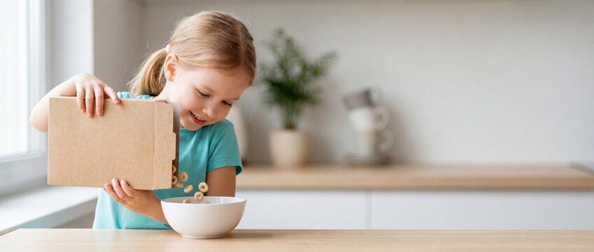 Child pouring cereal into bowl lifestyle photography featuring a happy young girl in a bright modern kitchen preparing a healthy morning breakfast routine for family nutrition campaigns