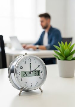 Silver Alarm Clock on Office Desk with Businessman Working Late in Blurred Background - Time Management Concept