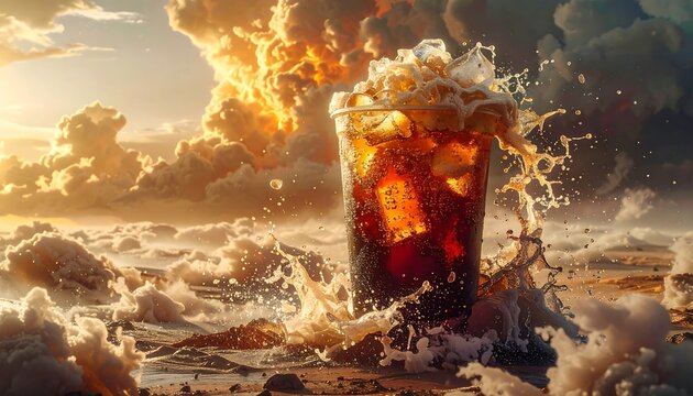 Icy Fizzy Cola Splashing in Dramatic Cloudscape at Golden Sunset