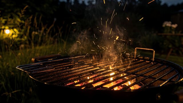 Close-up shot of a barbecue grill with glowing embers and sparks flying, creating a warm and inviting atmosphere for an outdoor gathering