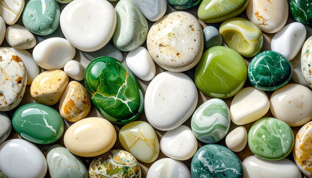 Abstract polished gemstones in shades of green, white, and cream,  shapes and colors highlights the organic beauty of mineral formations, symbolizing purity, balance, and timeless elegance