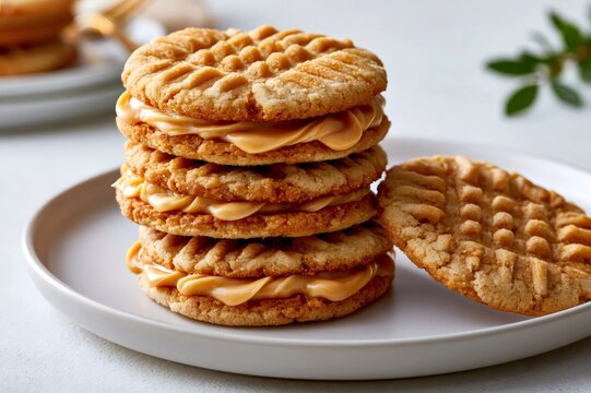 Peanut butter sandwich cookies stacked on a white plate