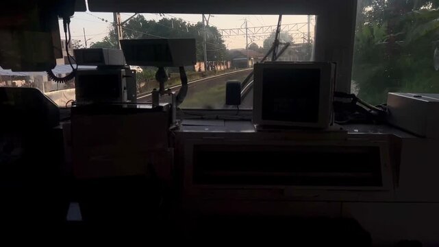 Video of inside machinist train control area that operation on evening day in Jakarta, Indonesia. 