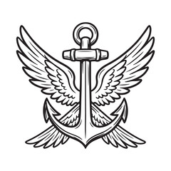 Fototapeta premium Black and white anchor with wings sketch illustration