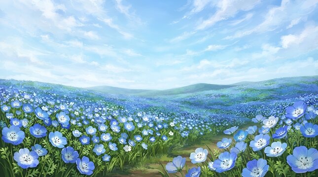 Vast field of blooming blue nemophila flowers under a bright sky with soft white clouds over rolling green hills in the countryside