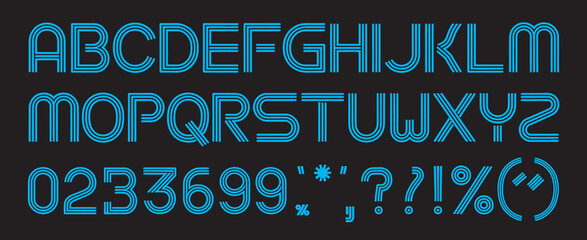 Modern blue multiline alphabet with uppercase A to Z, numbers 0 to 9, and punctuation symbols, clean outline typography vector for branding, logos, posters, user interface, packaging, web graphics,  ©   