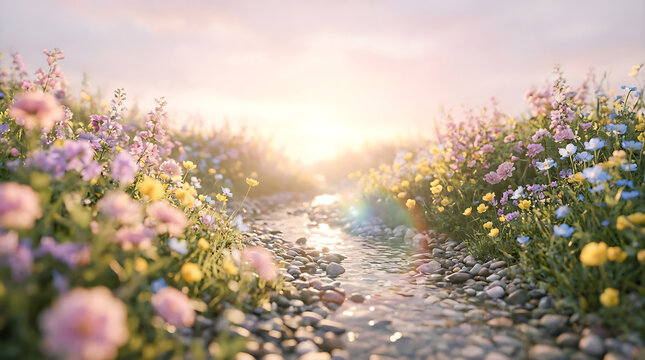 Wildflower meadow with a gentle stream at sunrise wildflowers