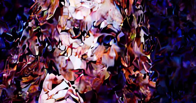 An abstract portrait of a woman emerges from swirling shards of white, amber, and deep blue in a painterly animation.