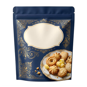 Dark blue pouch bag with gold floral pattern and a label for cookies and biscuits packaging design