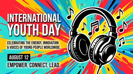 Fototapeta premium International Youth Day Vector Banner with Headphones, Music Notes, and Colorful Splash Background for August 12 Celebration Poster Design