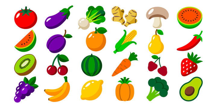 Colorful fruit and vegetable icons set, 25 food illustrations, healthy eating graphics, colorful produce collection