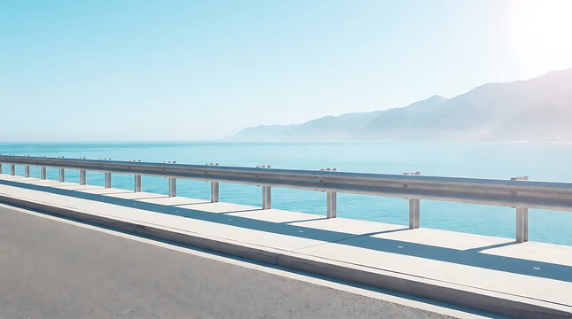 Coastal road guardrail overlooking blue ocean and distant mountains