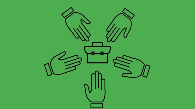 Employee engagement concept featuring multiple hands surrounding briefcase in black outline style. Visual representation of workplace collaboration and team participation.