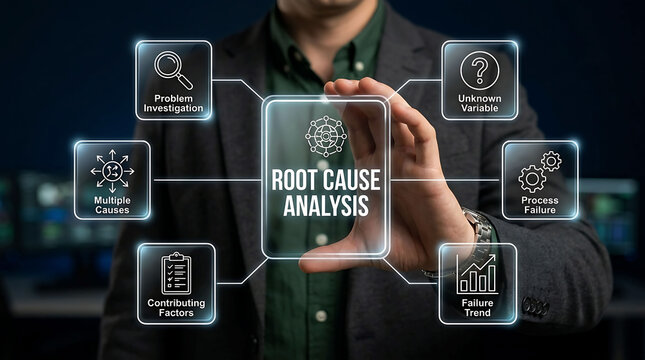 Businessman holding root cause analysis digital screen interface diagram