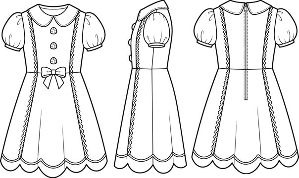 Girls dress technical flat sketch set with peter pan collar and puff sleeves for apparel design