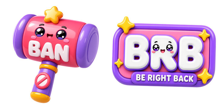 Cute hammer ban icon kawaii cartoon colorful 3d bold text pink purple yellow star sparkle playful emoji style