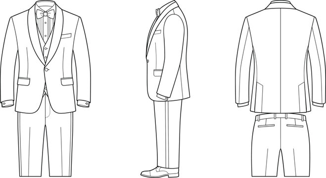 Men three piece tuxedo suit technical fashion flat sketch with shawl lapel vector illustration