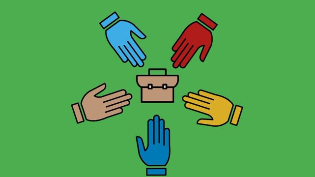 Employee engagement concept featuring multiple hands surrounding briefcase in colorful flat style. Visual representation of workplace collaboration and team participation.