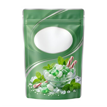 Green peppermint candy pouch bag with mint leaves and sugar crystals illustration