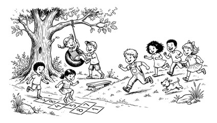 Obraz premium Group of children playing outdoors near a tree with a tire swing in a nostalgic hand drawn style