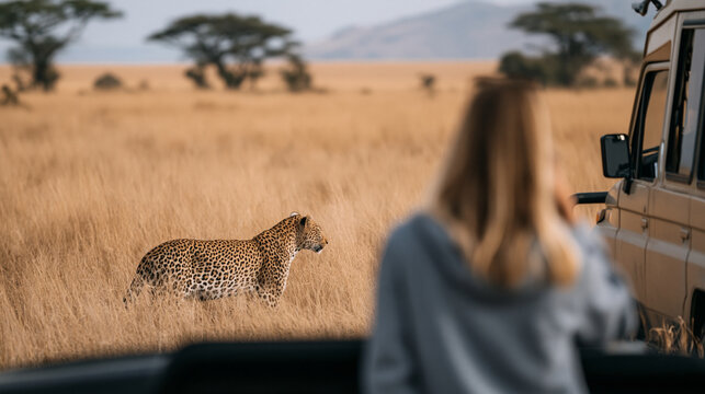 Tourist photographing a wild leopard during a safari tour in Kenya and Tanzania, African travel and adventure concept, with copy space