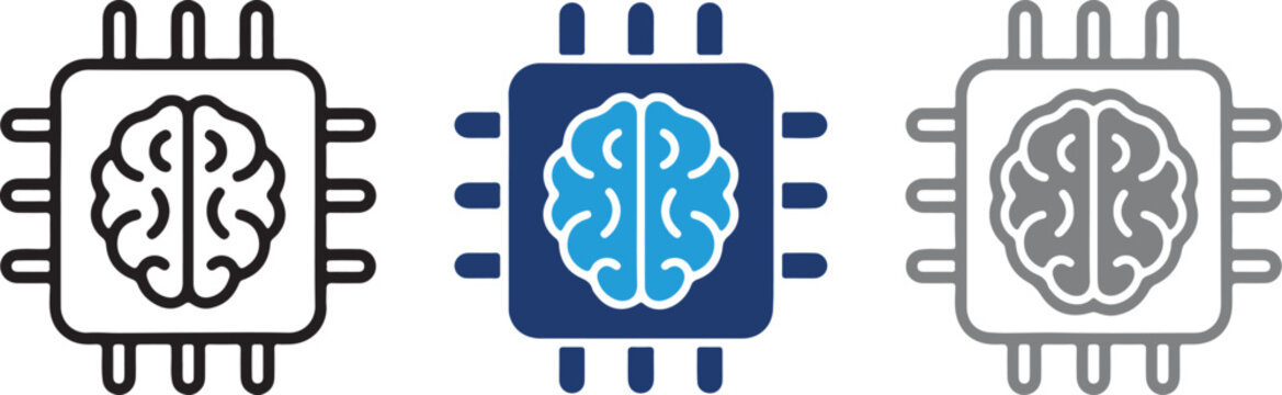 Set of artificial intelligence icons, flat vector illustration of brain chip symbols, technology cpu elements for machine learning and digital research.