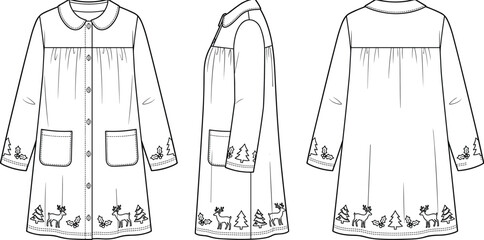 Christmas winter coat vector outline template with reindeer embroidery from front side and back views © Durbogono
