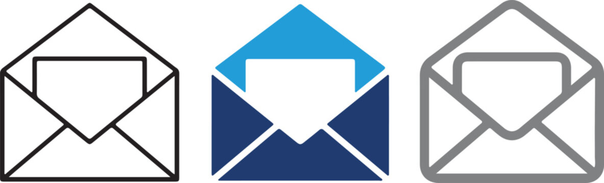 Set of email envelope icons, flat vector illustration of open message symbols, digital mail and communication signs for web and app interface design.