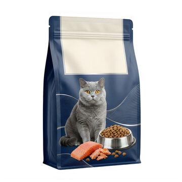 A bag of dry cat food with salmon flavor featuring a grey cat and a bowl of kibble