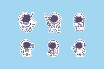 Cute little astronauts performing various funny daily activities like sleeping and gaming in a flat vector style sticker pack design © DzgnVibe