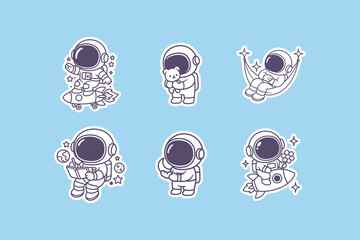 Set of cute cartoon astronauts in various poses including riding rockets holding teddy bears and relaxing in space hammocks design © DzgnVibe