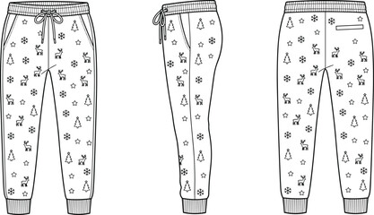 Fashion technical sketch of Christmas sweatpants with reindeer snowflake and pine tree patterns © Durbogono