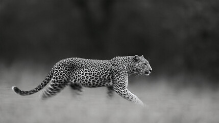 Fototapeta premium Black and white artistic photograph of a leopard in motion, dynamic wildlife and movement concept, with copy space