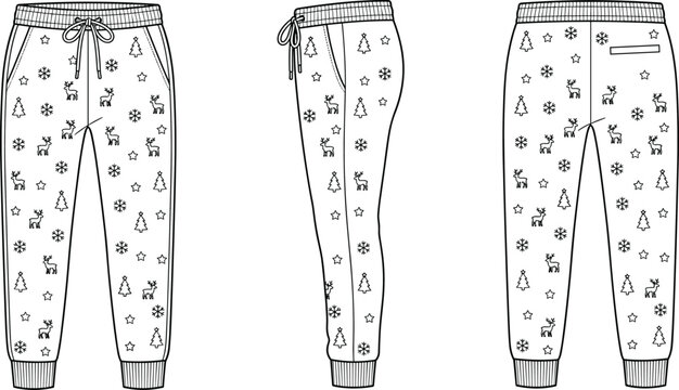 Fashion technical sketch of Christmas sweatpants with reindeer snowflake and pine tree patterns