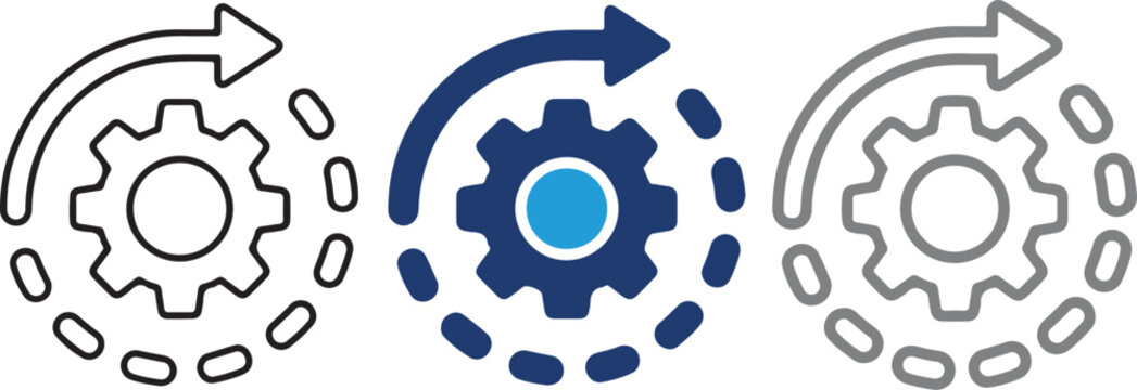 Set of gear process icons, settings configuration with rotating arrow, industrial workflow symbol, minimalist vector UI elements on transparent background