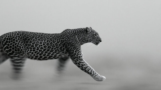 Black and white artistic photograph of a leopard in motion, dynamic wildlife and movement concept, with copy space