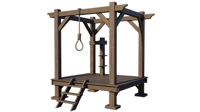 Timber execution gallows scaffold with noose and ladder isolated on white background