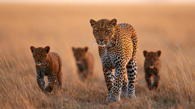 Mother leopard and two cubs walking through the savannah at sunset, family wildlife behavior concept, with copy space