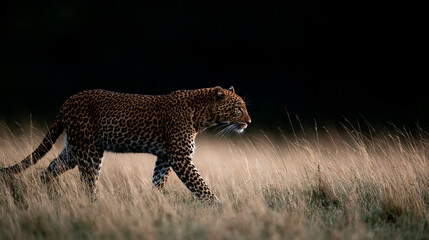 Fototapeta premium Low light photograph of a leopard walking in its natural habitat at Masai Mara Kenya, wildlife photography concept, with copy space