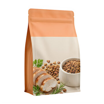 Brown paper bag of dry pet food with chicken and vegetable image on the front