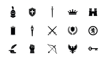 Minimalist black and white medieval symbols and heraldic icons collection for design projects with historical documentation projects classic © Mausumi