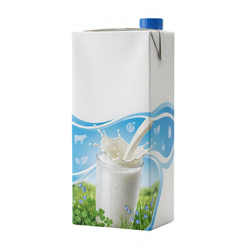 Tall carton box of fresh milk with blue cap and splash design