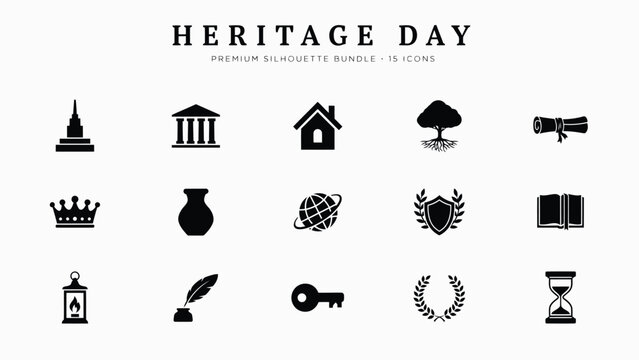 Premium heritage themed silhouette icons bundle featuring 15 classic symbols in minimalist black design with historical significance bold black outlines against neutral background