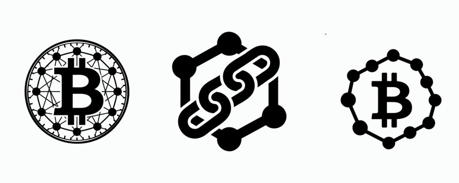 Modern cryptocurrency and blockchain icon set isolated on gray background. Black vector illustrations representing Bitcoin, decentralized networks, chain connectivity, and digital finance, ideal for f