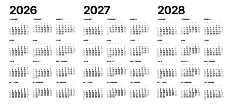 One page calendar template for 2026, 2027, 2028 year, week starts on Sunday.