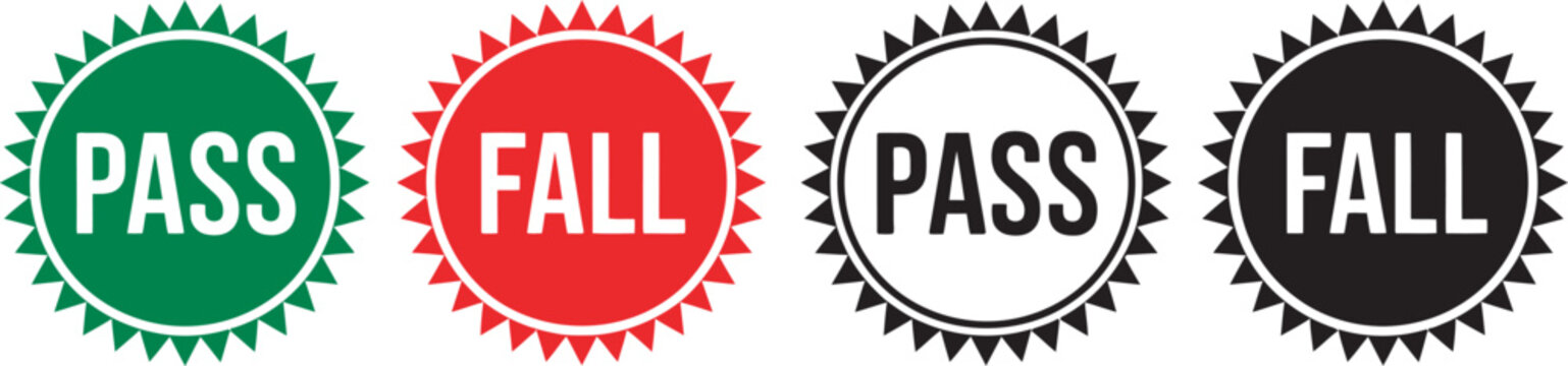 Passed and failed approval stamp icons set, green check and red cross quality control labels, certified approval symbols, validation and rejection stamps, business verification graphics, 