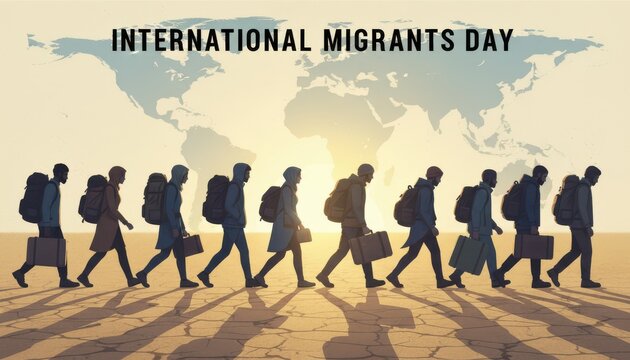 International migrants day silhouette people walking with luggage